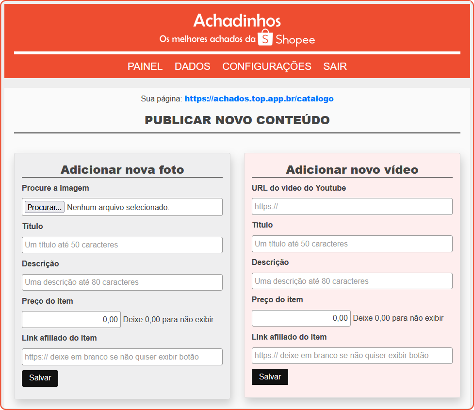 [Publicação de produtos com fotos e vídeos]